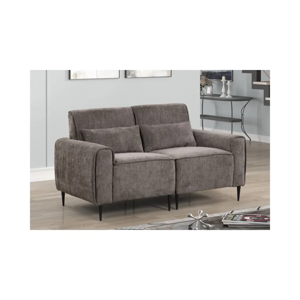 Valentina Gray Chenille Loveseat Metal Legs and Throw Pillows Lilola Home