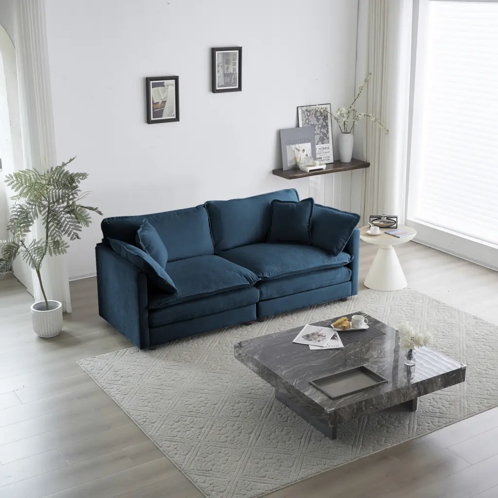 Modern Luxurious Blue Chenille 2-Seater Loveseat Sofa 4 Pillows Ponnky