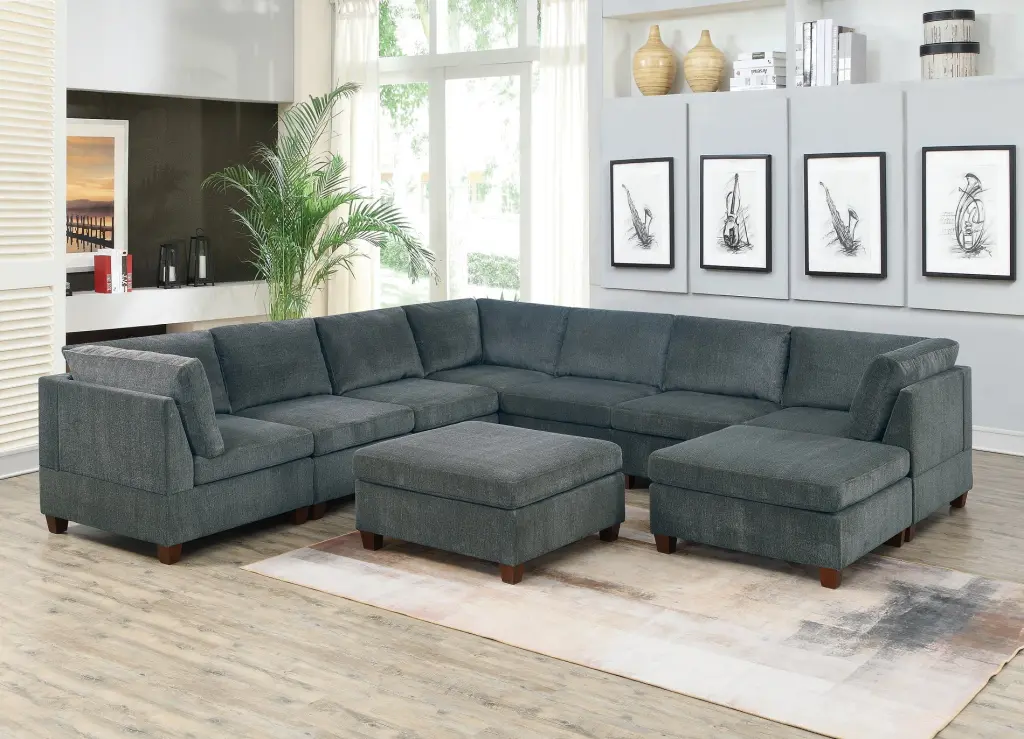 Unique Modular 9-Piece Sectional Sofa Set Grey Chenille Fabric Wood Legs Esofastore