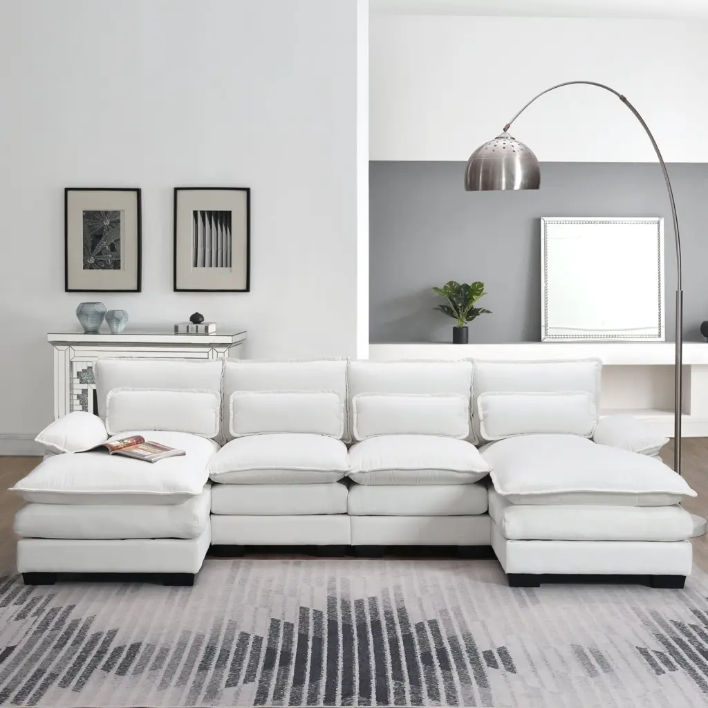 Chic White U-Shaped Sectional Sofa 6-Seat Symmetrical Couch Waist Pillows Soft Chenille Fabric Chaise Lounge Sleeper HATNOKIL