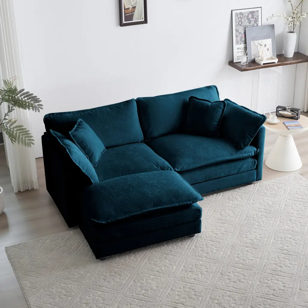 Gexpusm 76 Modern Loveseat Couch 4 Pillows and 1 Footrest Chenille Sofa Blue
