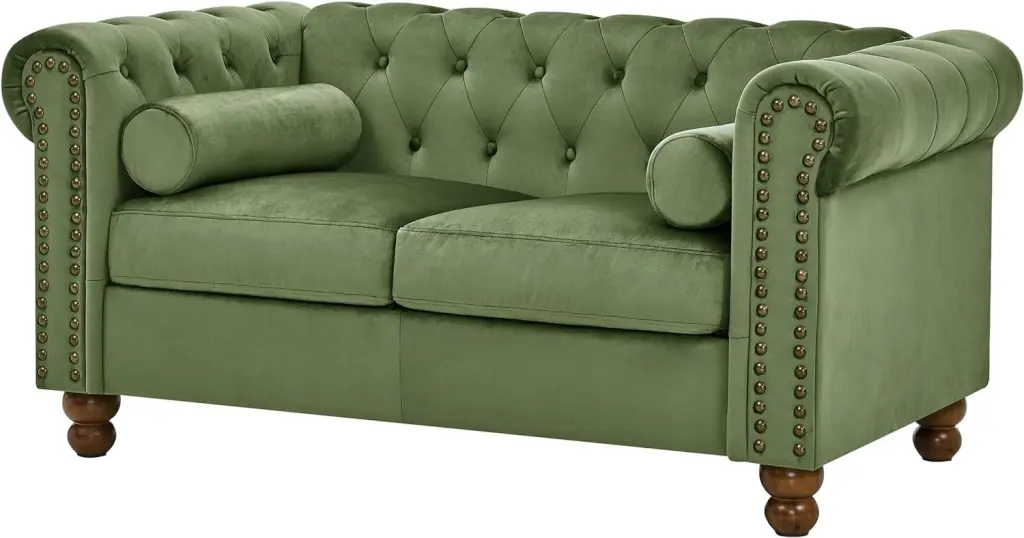 Velvet Chesterfield Loveseat Tufted 2-Seater Sofa Nailhead Trim and Rolled Arms Green AmoDwell