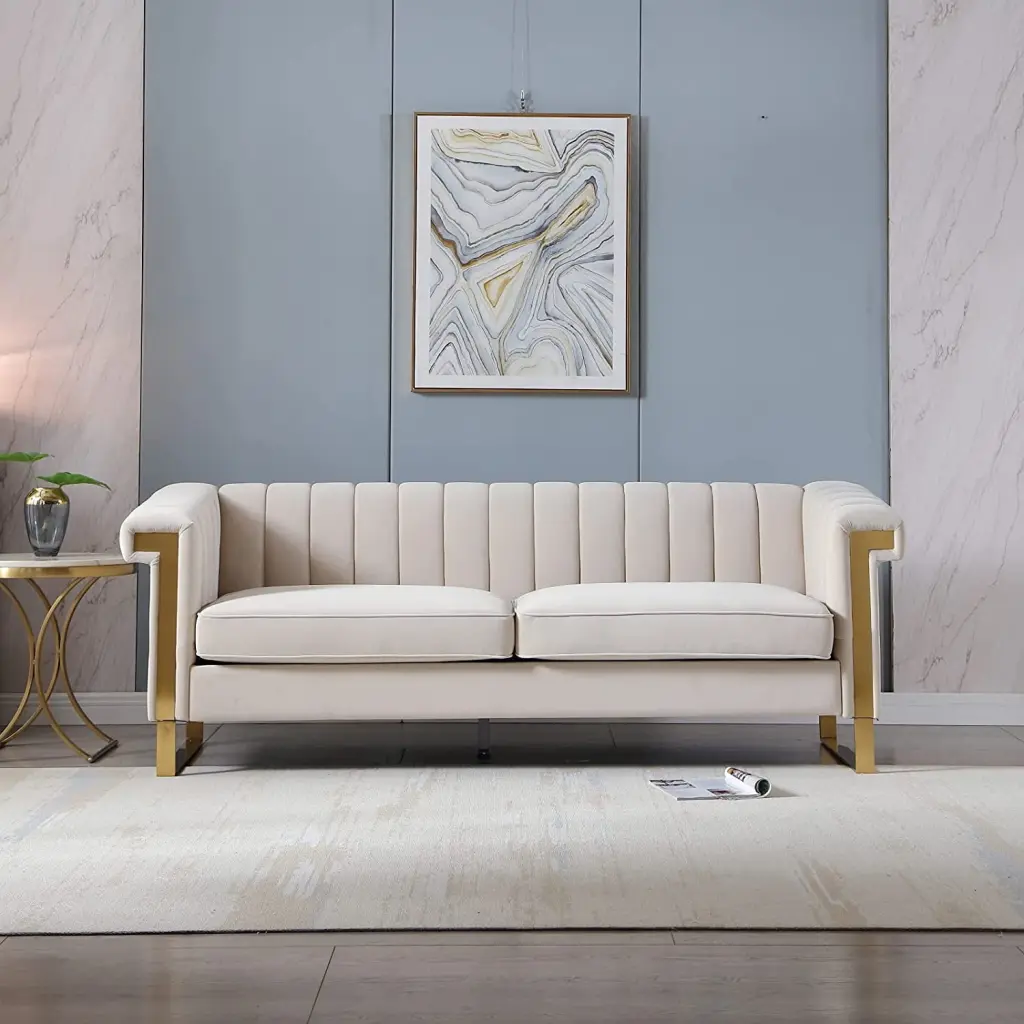 83.85 Velvet Loveseat Sofa Beige - Mid-Century Tufted Chesterfield Couch Gold Legs ARCTICSCORPION