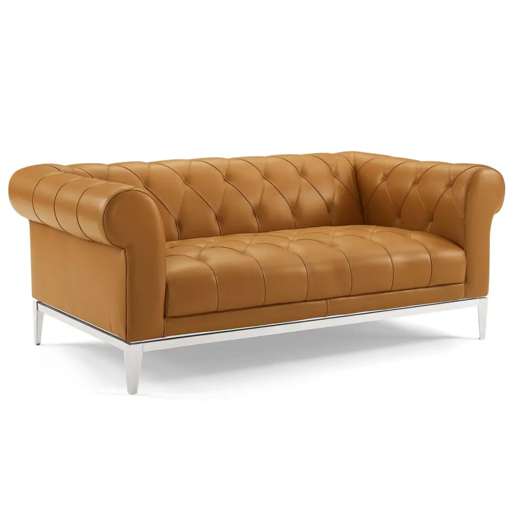 Ergode Idyll Tufted Button Upholstered Leather Chesterfield Loveseat Tan Classic Sofa