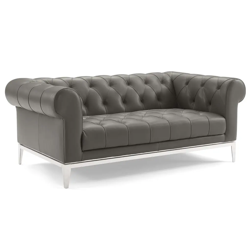 Ergode Idyll Tufted Button Upholstered Leather Chesterfield Loveseat Gray Vintage Sofa