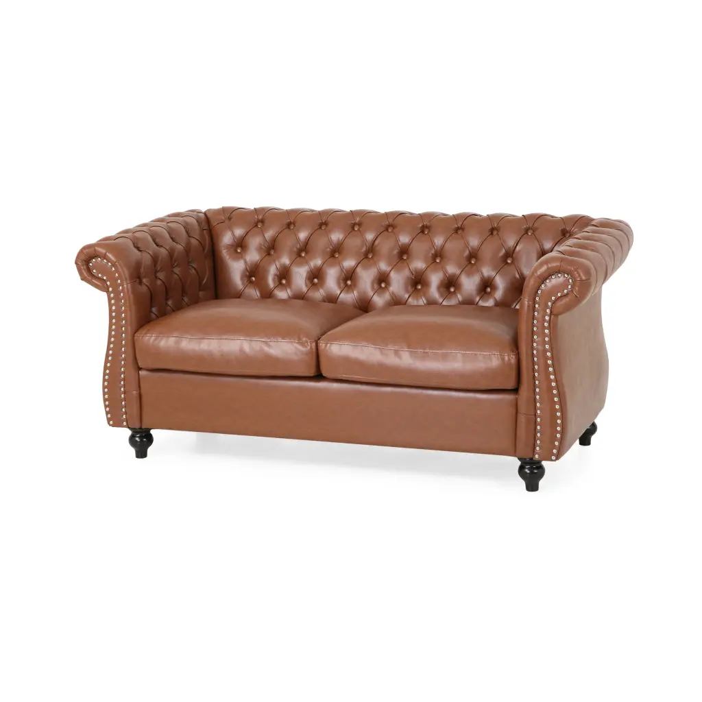 GDF Studio Madelena Chesterfield Faux Leather Tufted Loveseat Nailhead Trim Cognac Brown and Dark Brown GDFSTUDIO
