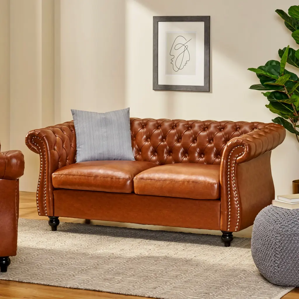 Traditional Chesterfield Style Loveseat Brown Faux Leather Nailhead Accents HOMXIAOWO