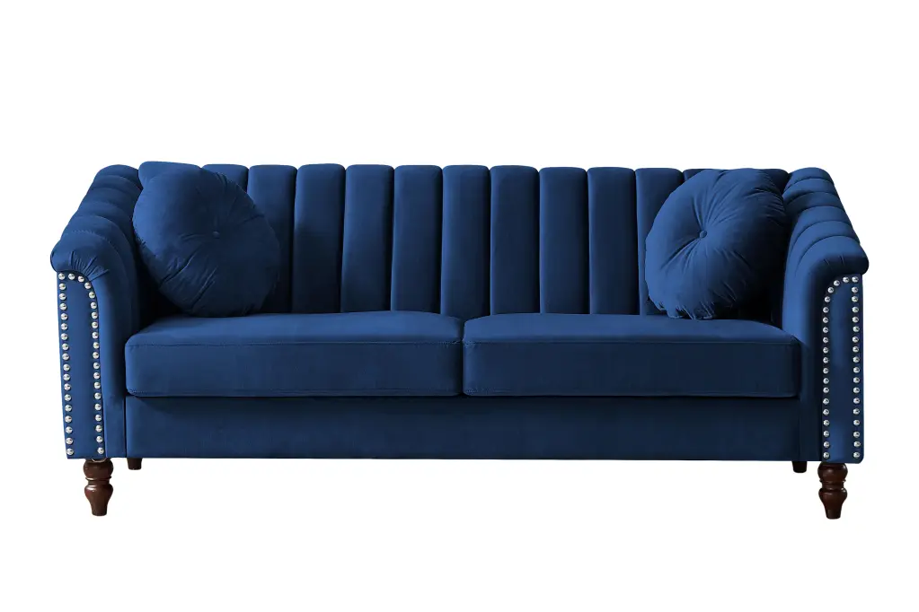 Modern Chesterfield Loveseat Sofa 3-Seater Button Tufted Velvet and Nailhead Trim Navy Blue Lambgier