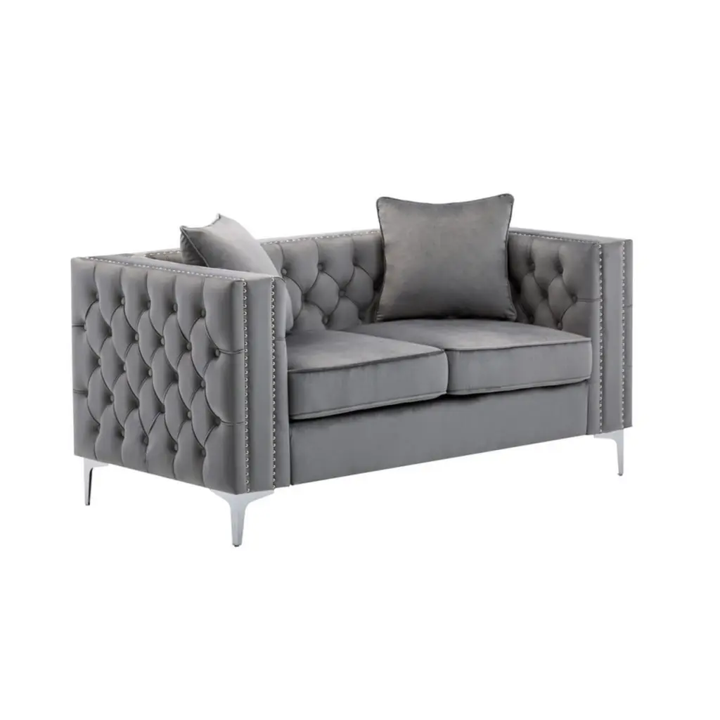 Joni 63 Inch Loveseat - Chesterfield Design Button Tufting - Gray Velvet - Saltoro Sherpi