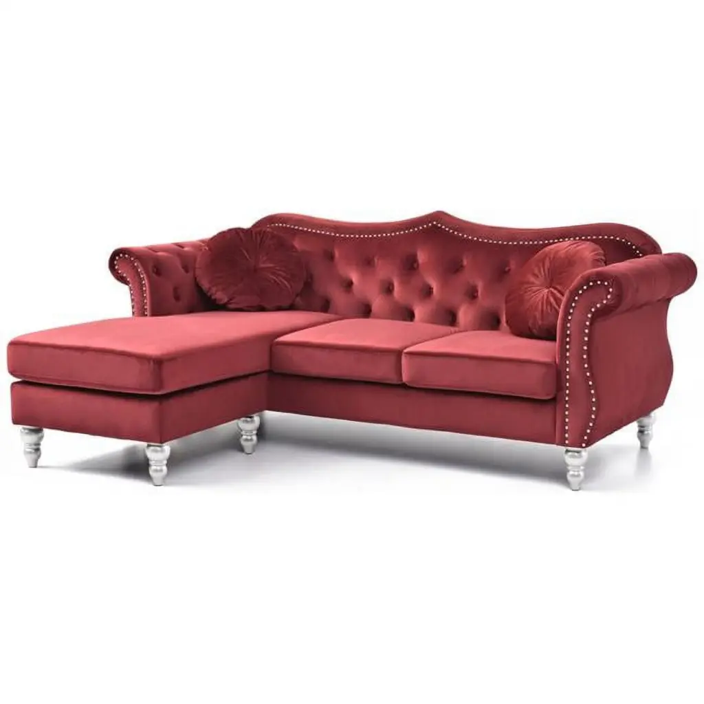 Passion Furniture 81in Hollywood Velvet Chesterfield Sectional Sofa Burgundy Pillows