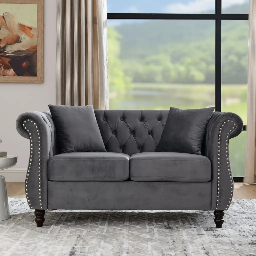 58.8 Chesterfield Sofa Grey Velvet 2 Seater Tufted Couch Rolled Arms CNCJ