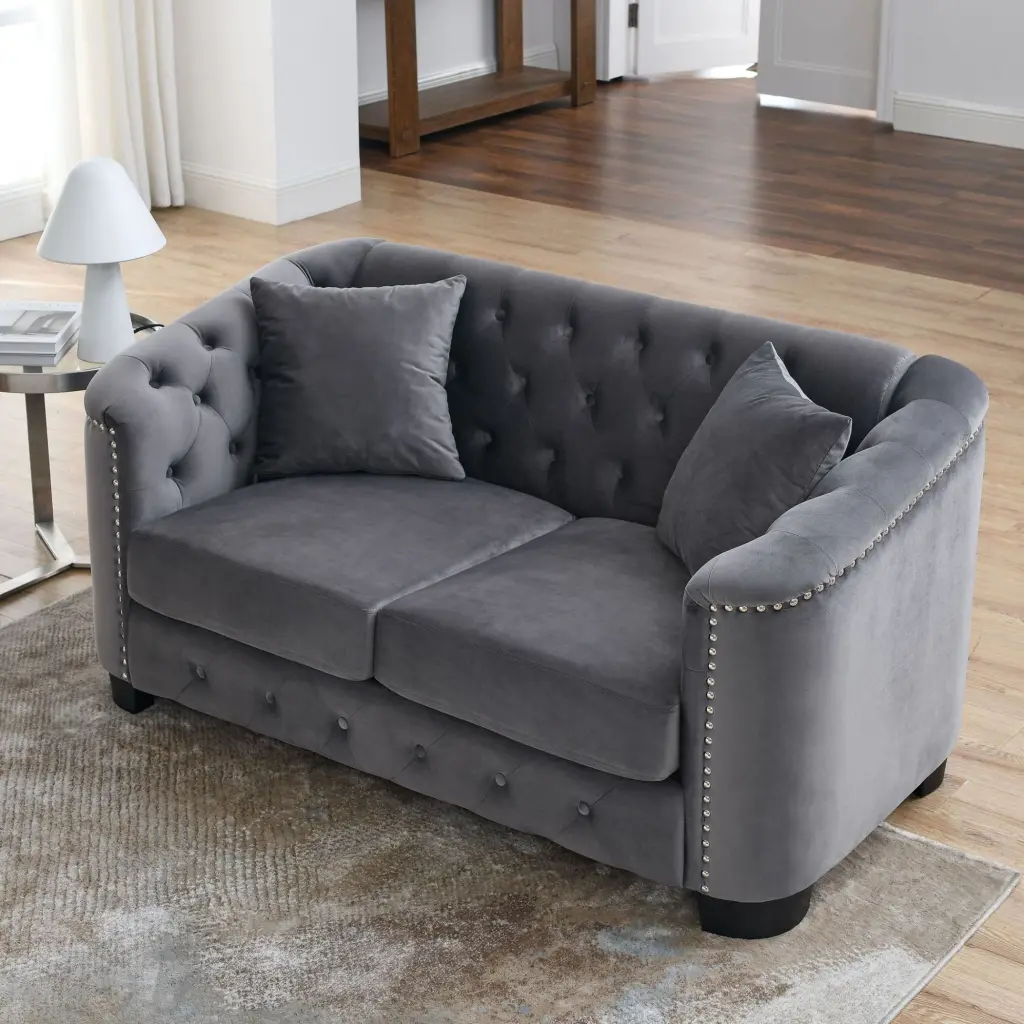 59-Inch Modern Chesterfield Velvet Sofa 2-Seater Upholstered Tufted Backrests Nailhead Arms and 2 Cushions Living Room Bed...