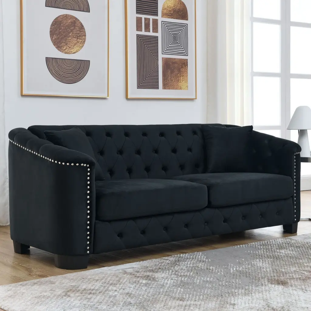 77-Inch Modern Chesterfield Velvet 3-Seater Sofa Tufted Backrest CNCJ