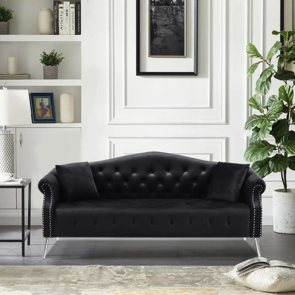 78.7 Width Classic Chesterfield Velvet Sofa Button Tufted Nailhead Trimming Curved Backrest Silver Metal Legs Black CNCJ