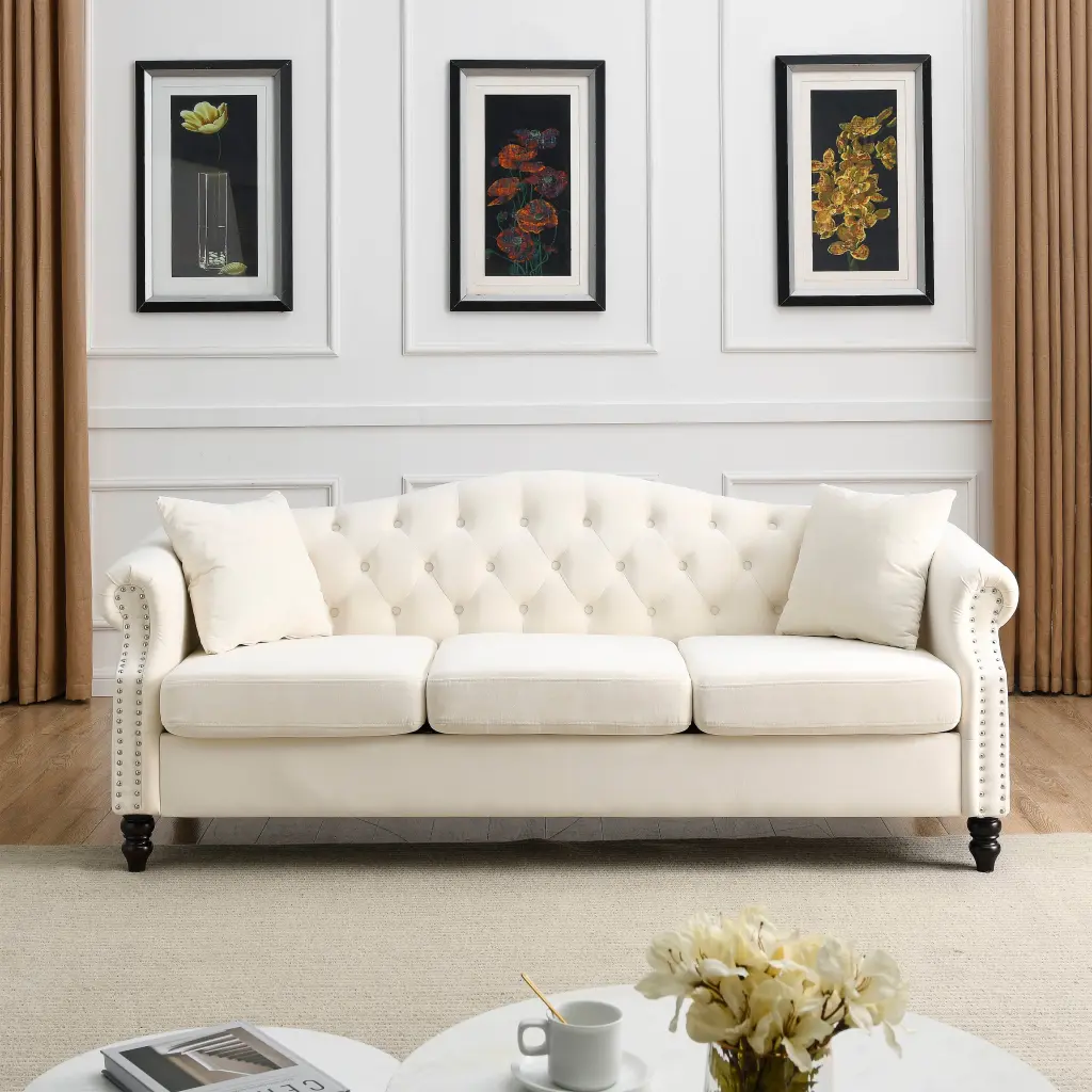 79 Chesterfield Sofa Beige Velvet 3-Seater Tufted Couch Rolled Arms Nailhead Accents Living Room Bedroom Office Apartment ...