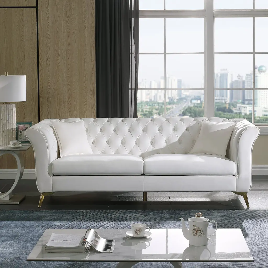 Chesterfield Sofa Stanford Sofa High Quality Tufted Wrinkled Fabric Contemporary White Scroll Arm and Back CoSoTower