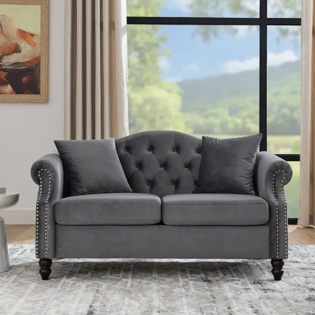 57 Grey Velvet Chesterfield Sofa - Tufted 2 Seater Rolled Arms and Nailhead Dawn Whisper