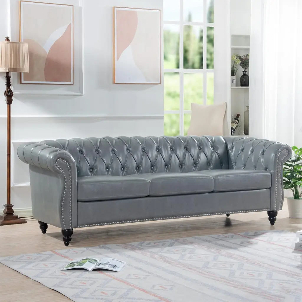84 Chesterfield Luxury Leather Sofa Gray - Upholstered PU Sofa Tufted Back Dvasovio