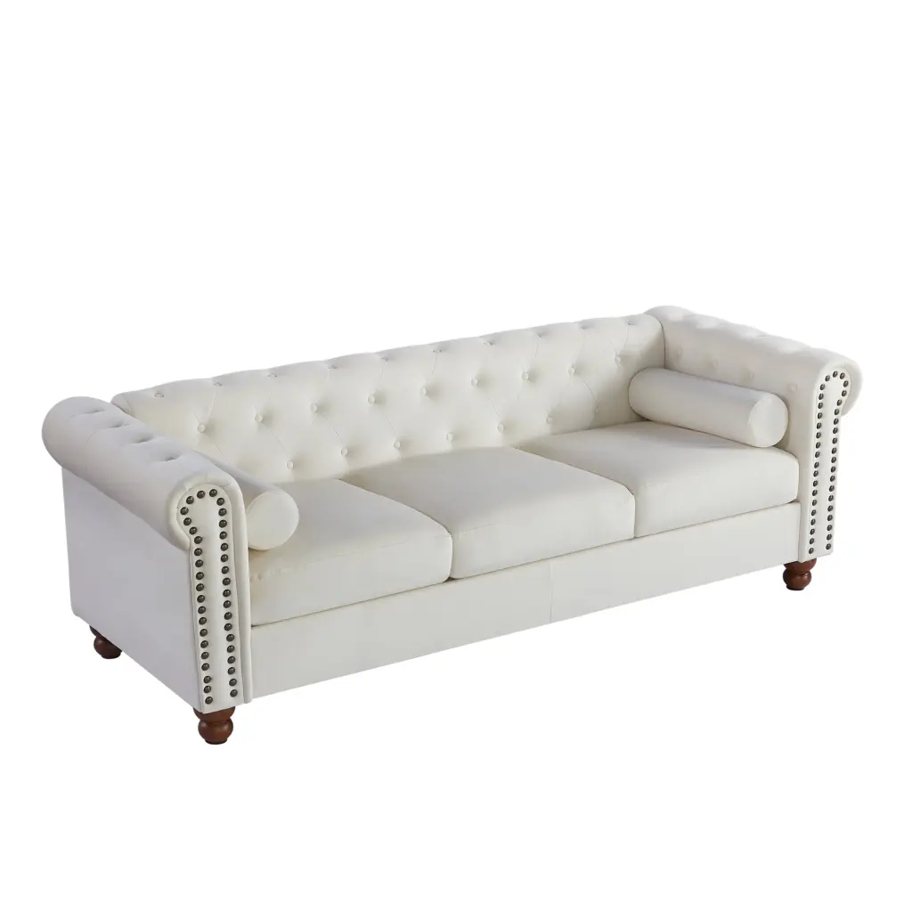 Classic Traditional Living Room Upholstered Chesterfield Tufted Fabric Sofa Couch Large White Velvet Surface Ghislaine