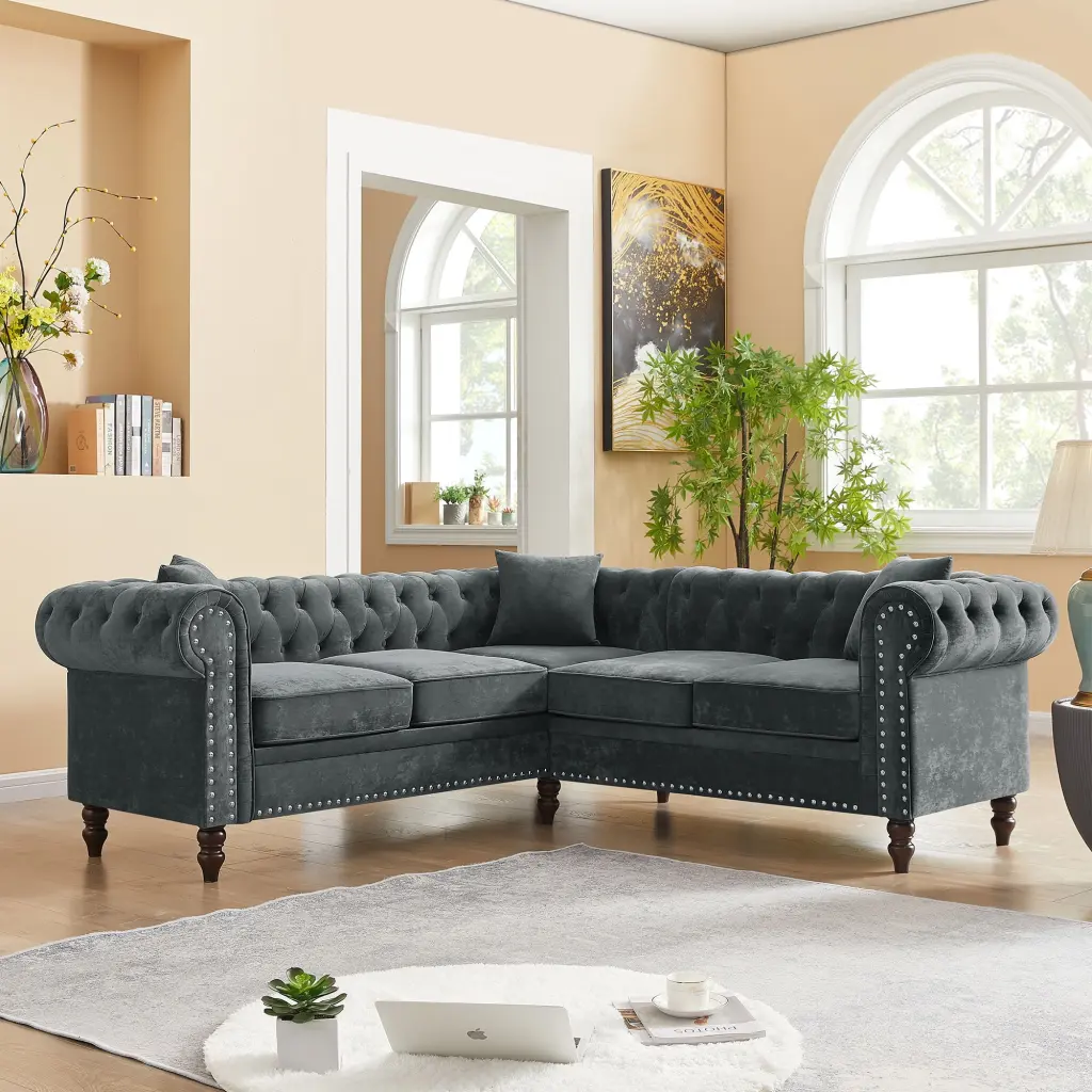 MH 80 Deep Button Tufted Chesterfield L-shaped Sofa Grey Velvet Ghislaine