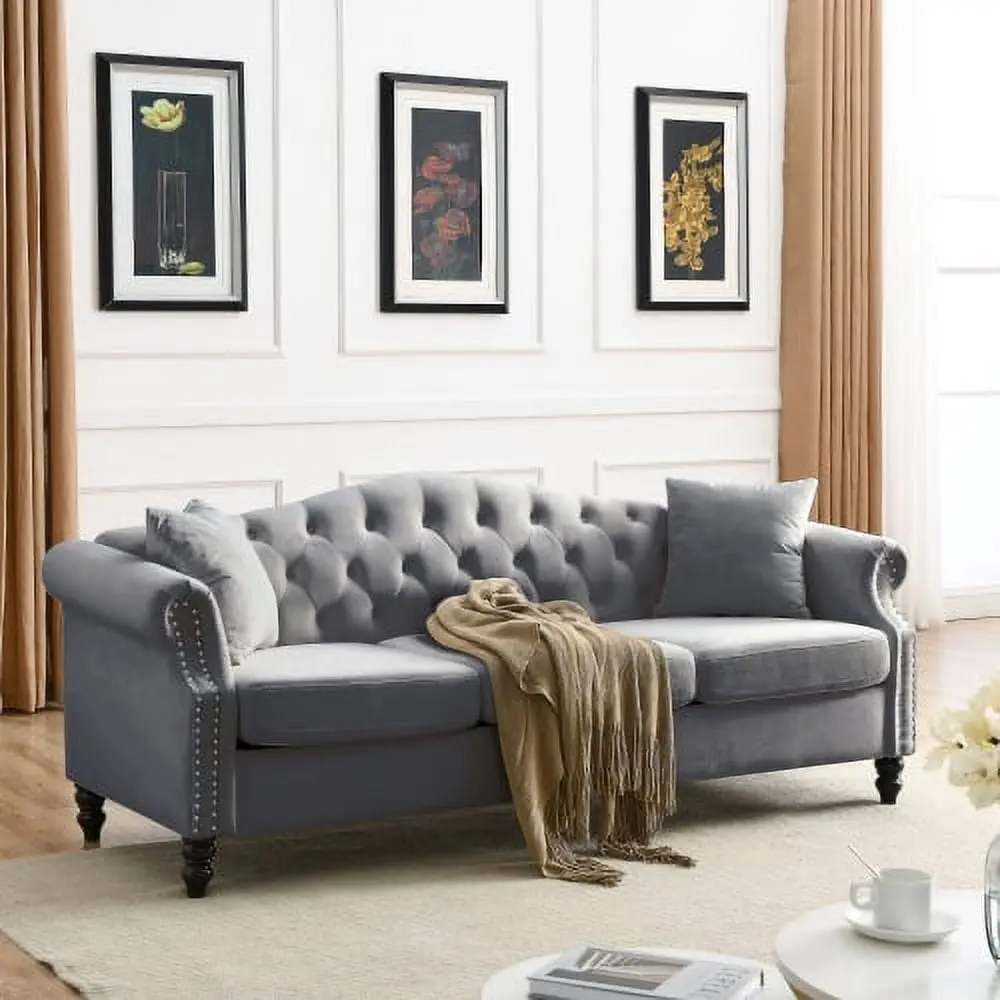 Goldmeet Grey Velvet Chesterfield 3 Seater Sofa Rolled Arms and Nailhead Trim