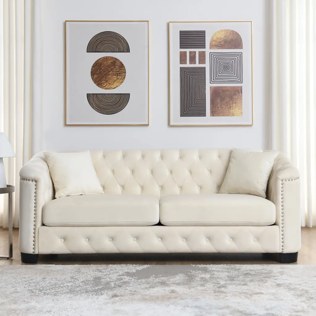 77-Inch Beige Chesterfield Velvet Sofa Tufted Backrest and Nailhead Detailing HATNOKIL