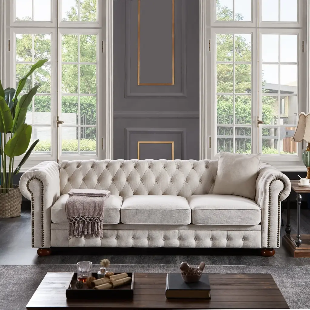 Chesterfield Sofa Elegant Beige Linen Fabric - Timeless Design Bronze Nailheads HATNOKIL