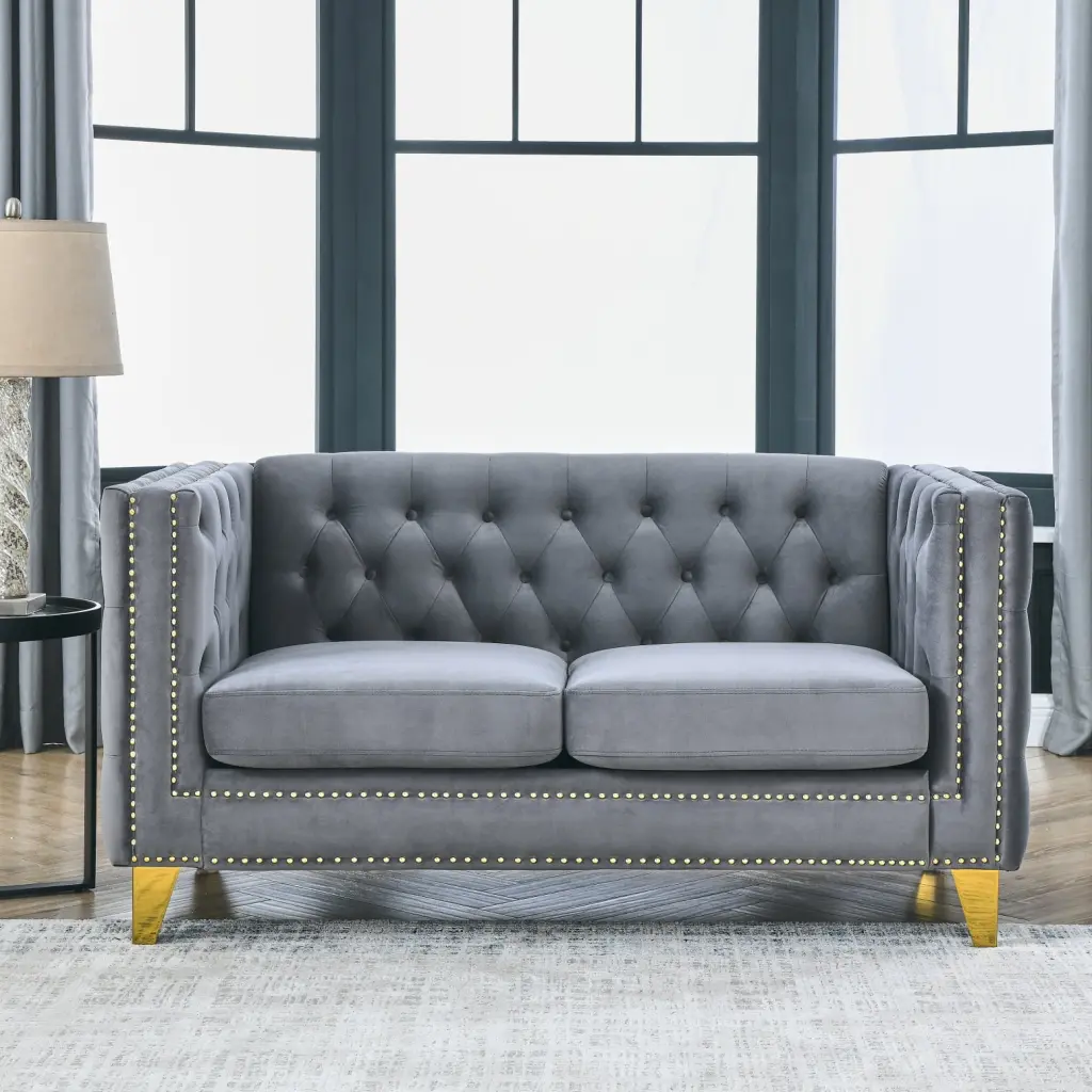 Classic Gray Velvet Chesterfield 2-Seater Sofa Tufted Buttons and Metal Legs HATNOKIL