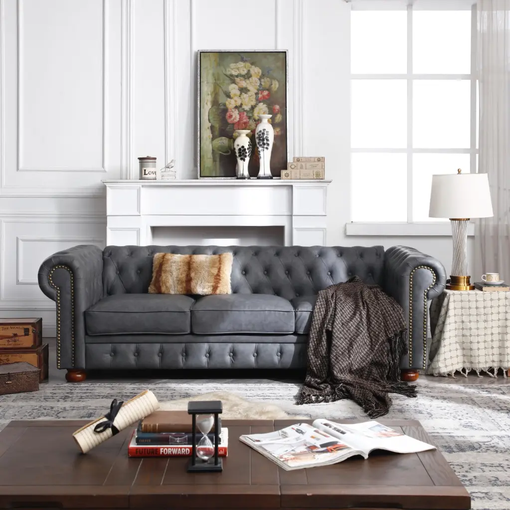 Dark Grey Classic Chesterfield Sofa Vintage Design Faux Leather 3-Seater HATNOKIL