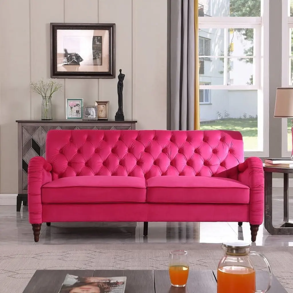 Elegant Rose Red Chesterfield Sofa - 3 Seater Luxurious Velvet Deep Tufting Contemporary Interiors HATNOKIL