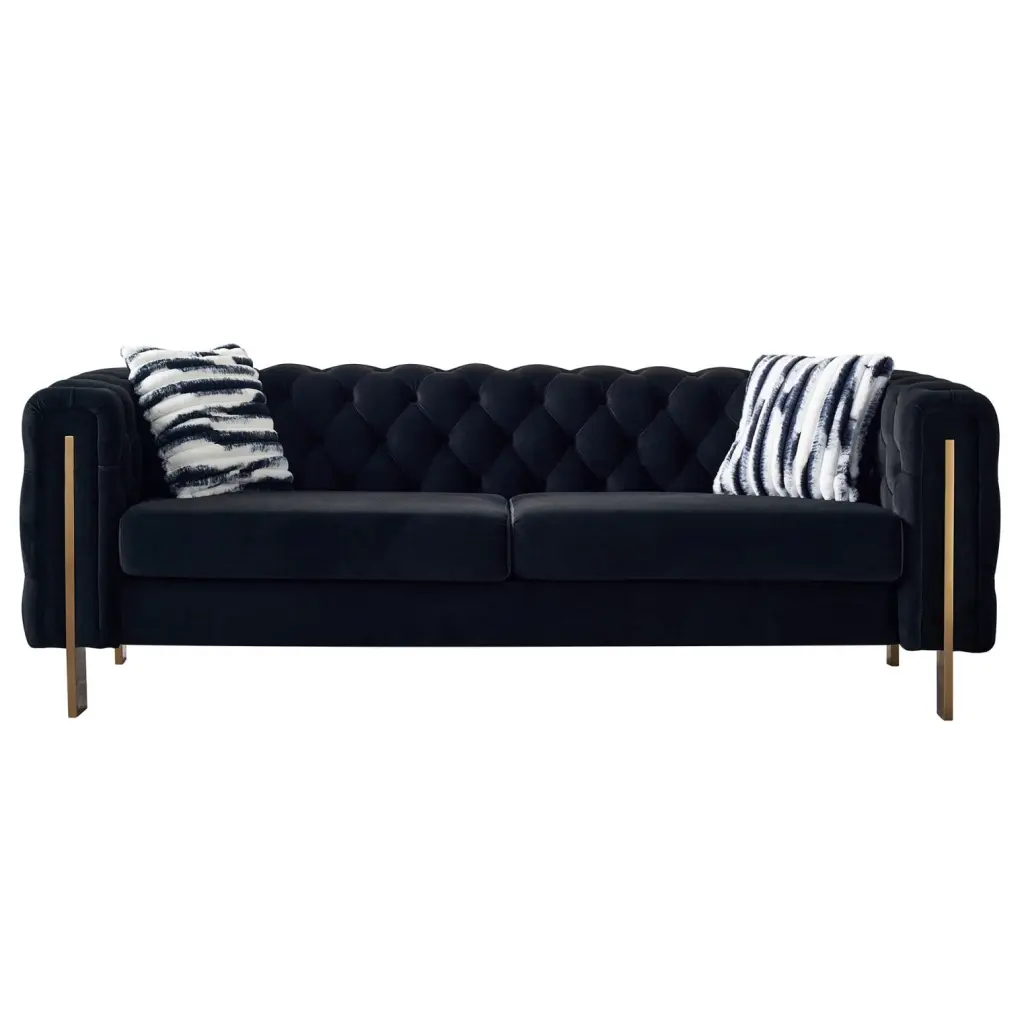 Modern Black Velvet Chesterfield Sofa 84.25 Inch Tufted 2-Seat Couch Solid Wood Frame Stylish Living Room Furniture HATNOKIL