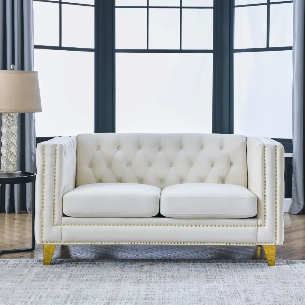 Timeless Beige Velvet Chesterfield 2-Seater Sofa Button Tufting and Metal Legs HATNOKIL