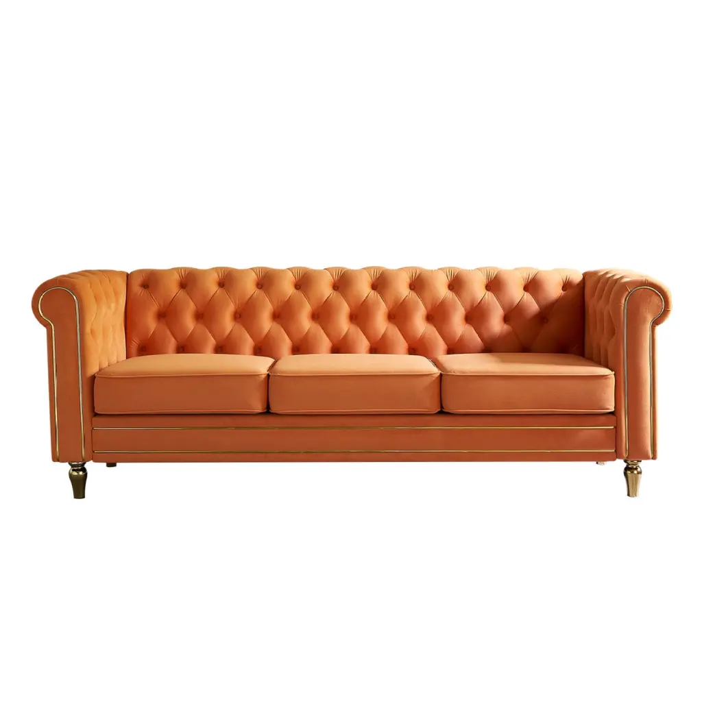 Vibrant Orange Chesterfield Velvet Sofa 84.65 Inch Tufted Living Room Couch HATNOKIL