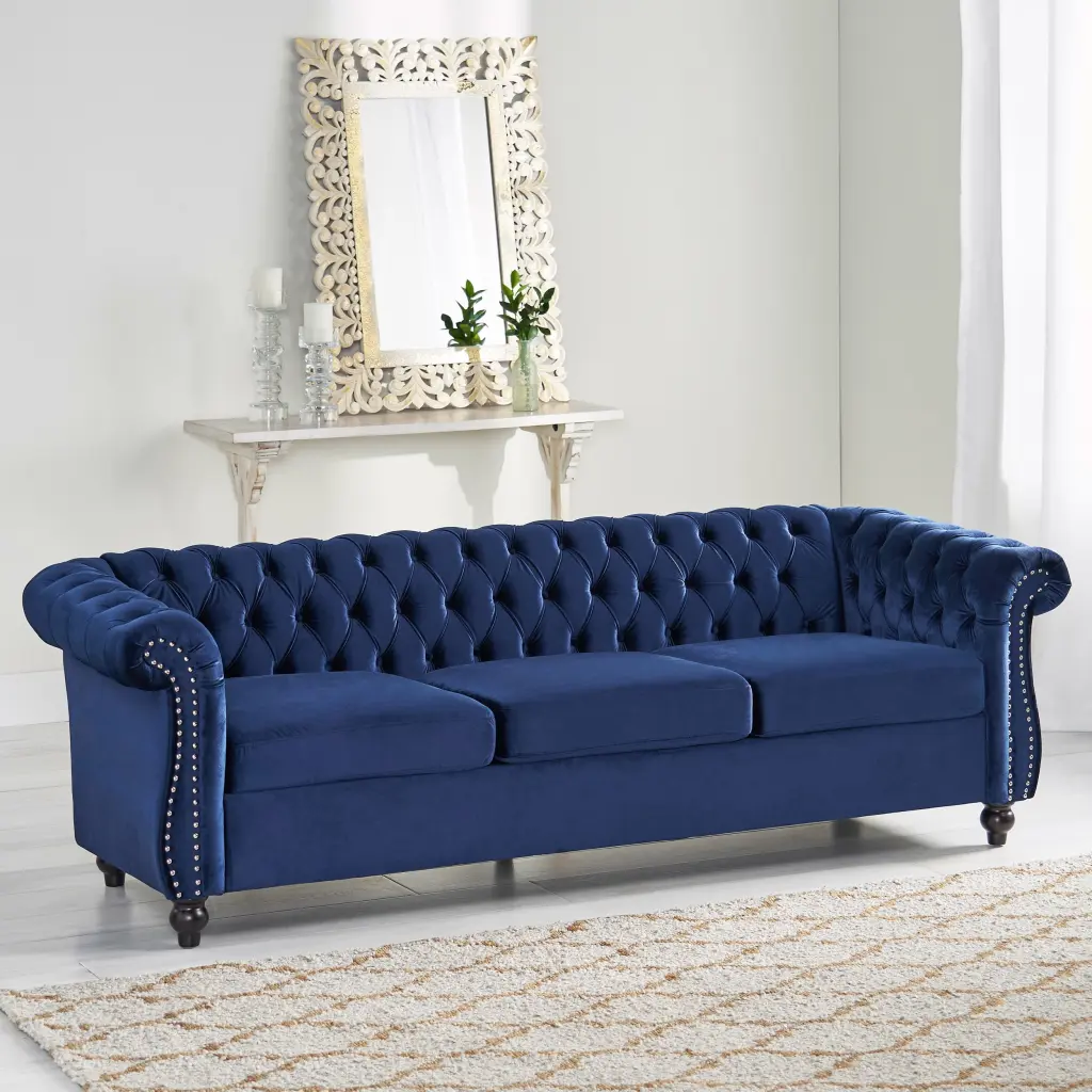 Mid-Century Blue Velvet Chesterfield Sofa Nailhead Trim and Scrolled Arms HOMXIAOWO