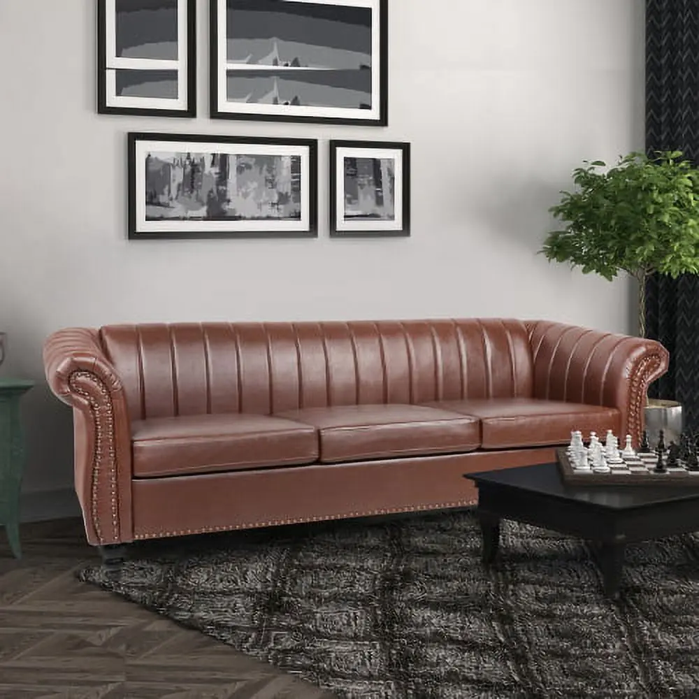 Modern Brown Faux Leather Chesterfield Sofa 3 Seater Channel Tufted Settee Living Room JINS & VICO