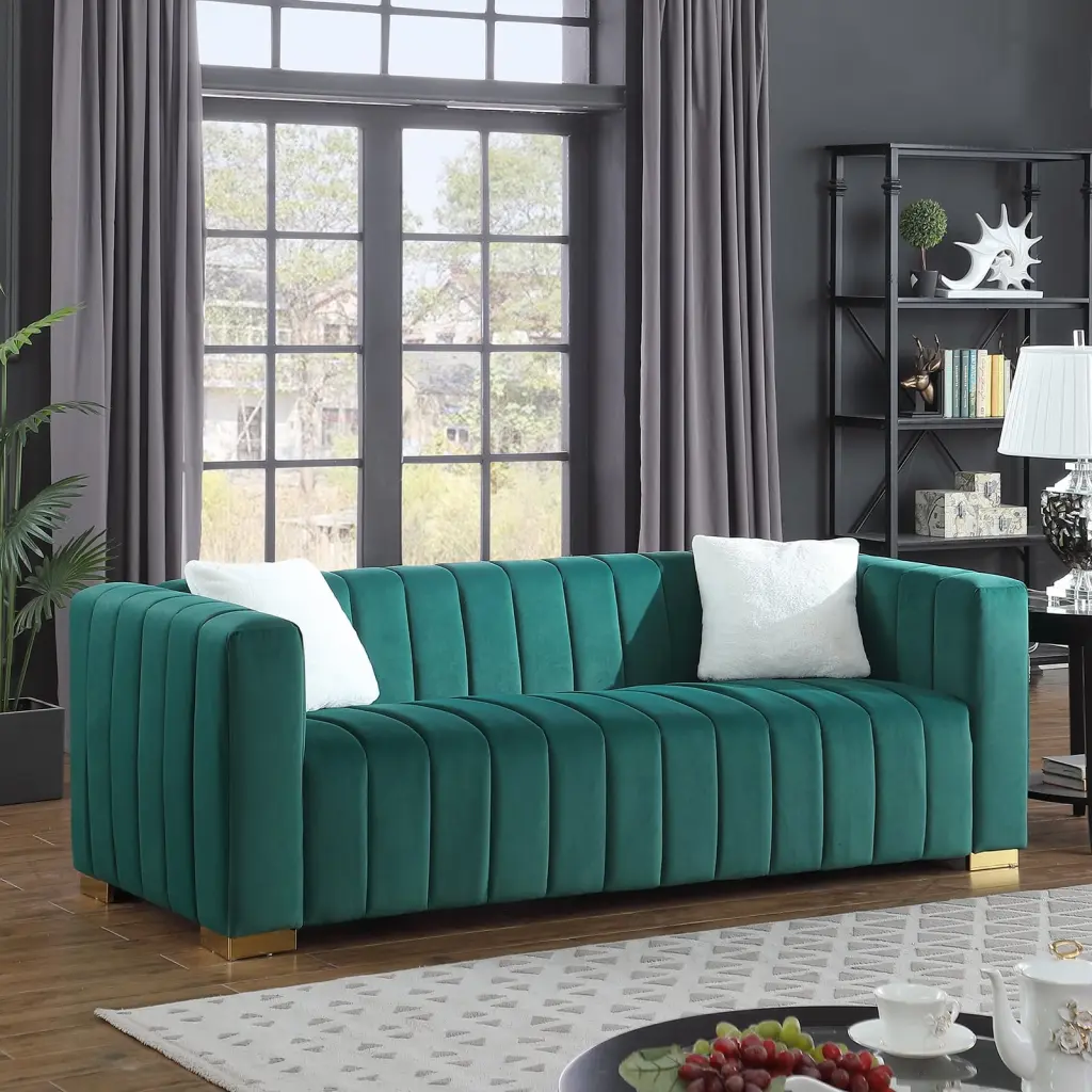 Llinc Store Dark Green 3 Seater Velvet Sofa Modern Channel Chesterfield Design Living Room