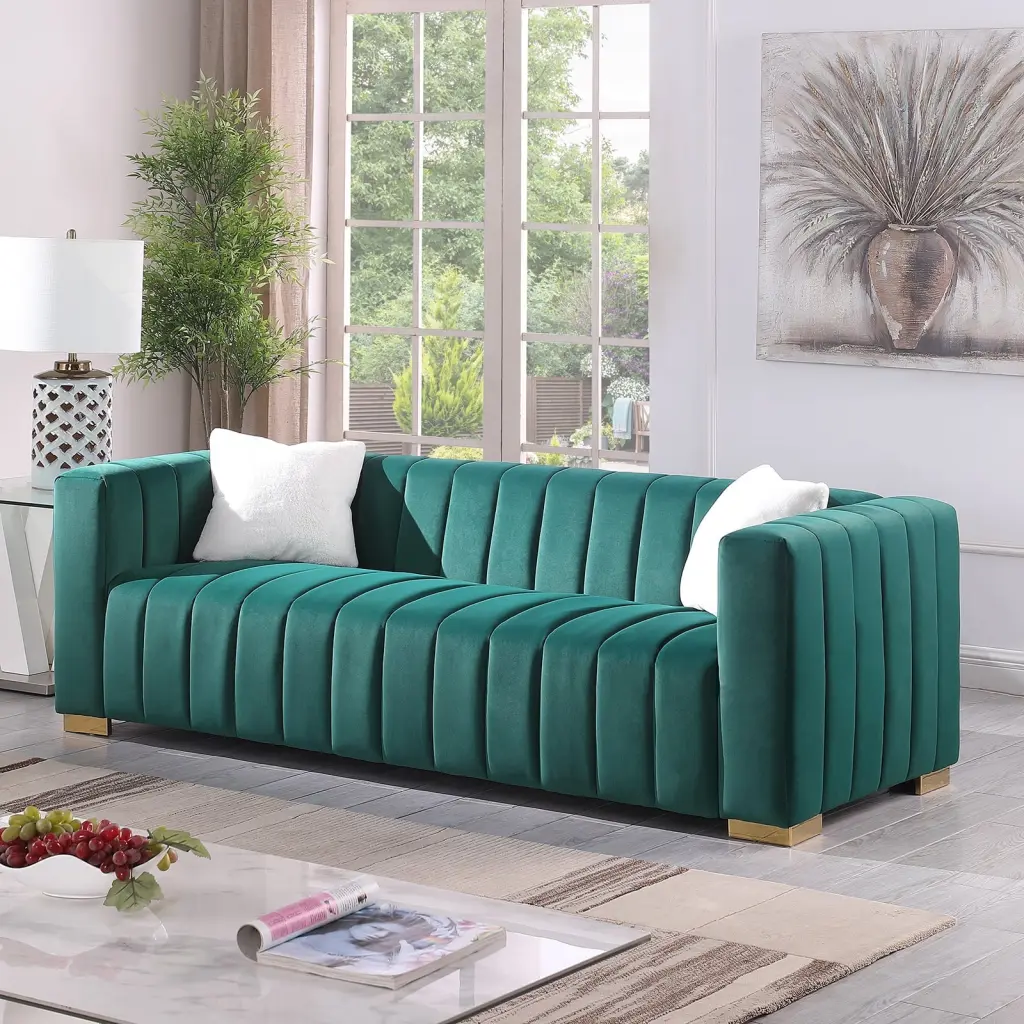 Llinc Store 3 Seater Dark Green Velvet Sofa Modern Channel Chesterfield Design Living Room