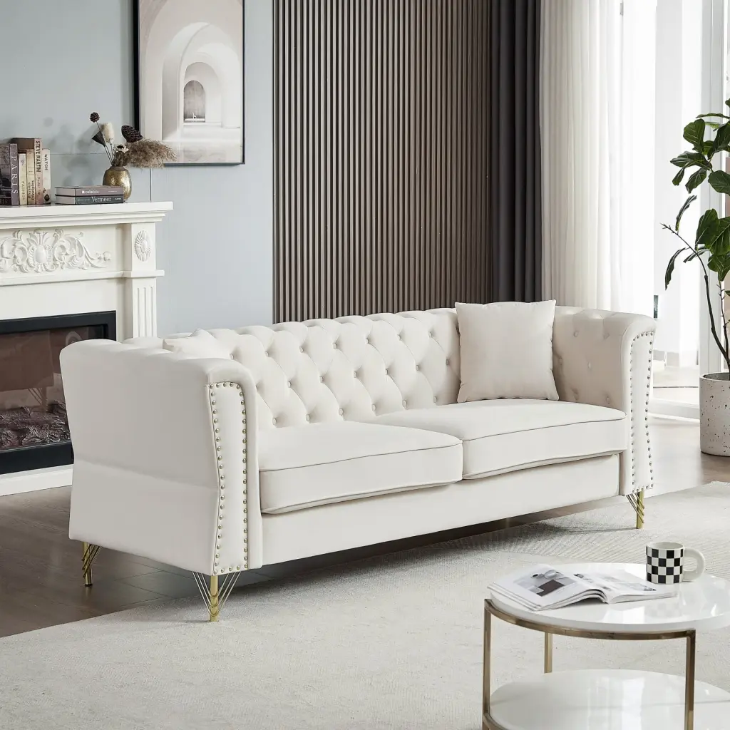 Beige Velvet Chesterfield Two-Seater Sofa Nailhead Trim and Solid Wood Frame LMing