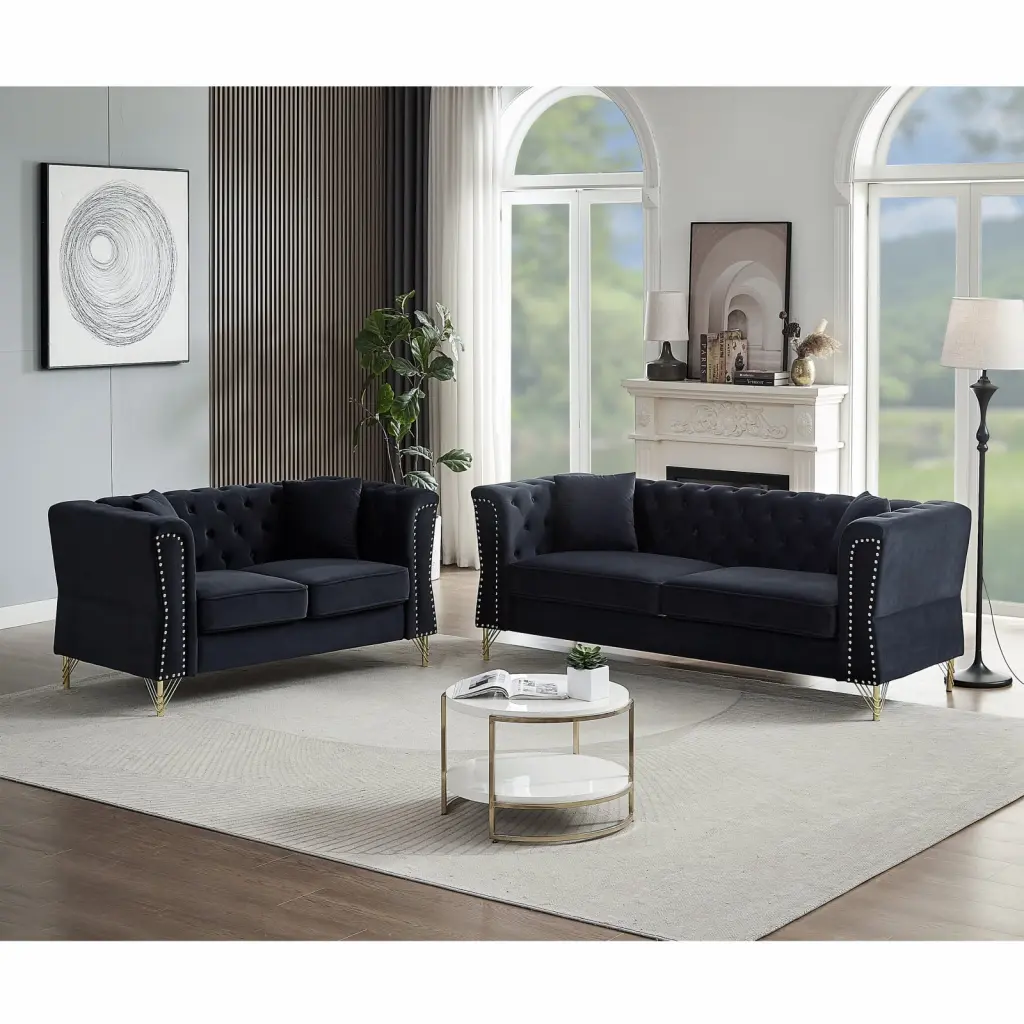Black Velvet 2-Seater + 2-Seater Combination Chesterfield Sofa Nailhead Trim LMing