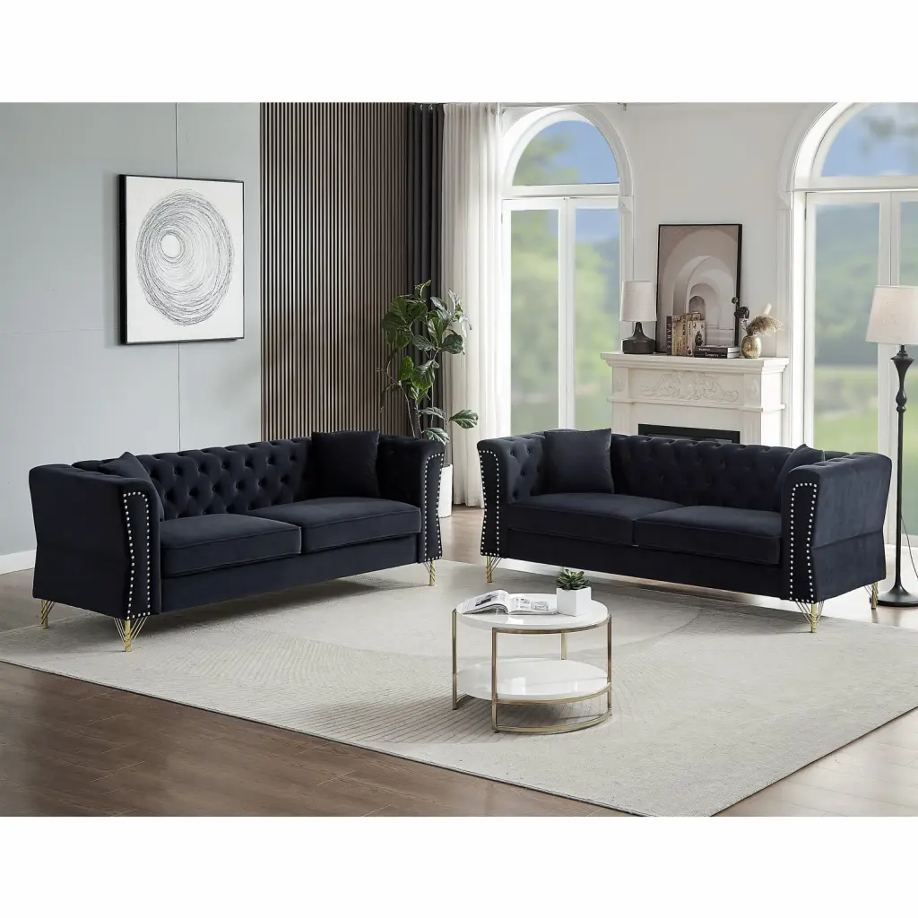 Black Velvet Chesterfield 2+2 Seater Sofa Nailhead Trim and Throw Pillows LMing