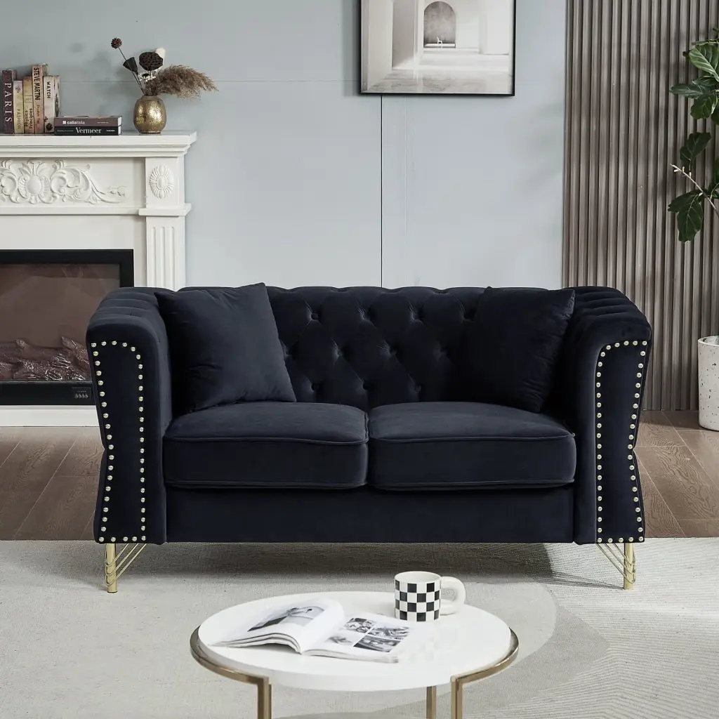 Black Velvet Two-Seater Chesterfield Sofa Stately Nailhead Trim Durable Solid Wood Frame Removable Cushions LMing