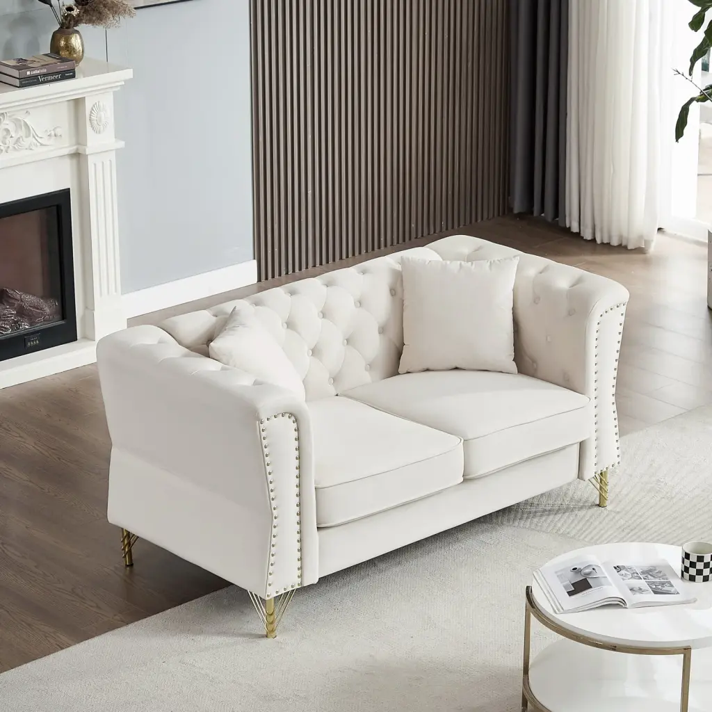 Chesterfield Classic Beige Velvet Sofa Solid Wood Frame Low Back Design Perfect Relaxing Living Room Bedroom or Office LMing