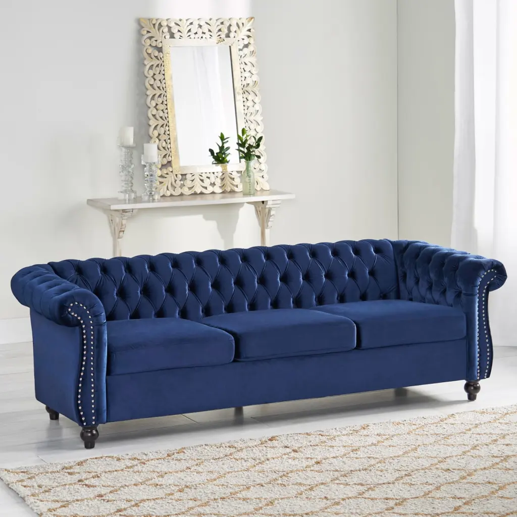 Chesterfield Style Sofa Blue Plush Velvet Upholstery Nailhead Accents - Traditional Elegance LMing