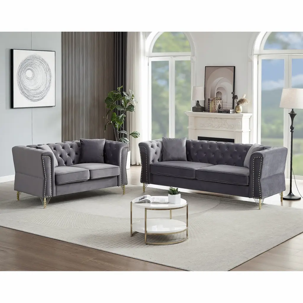 Grey Velvet 2-Seater + 2-Seater Combination Chesterfield Sofa Nailhead Trim LMing