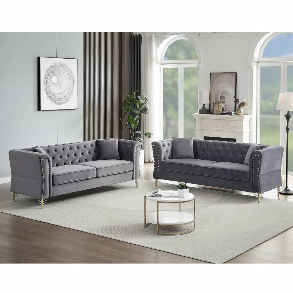 Grey Velvet Chesterfield 2+2 Seater Combination Sofa Nailhead Trim and Pillows LMing