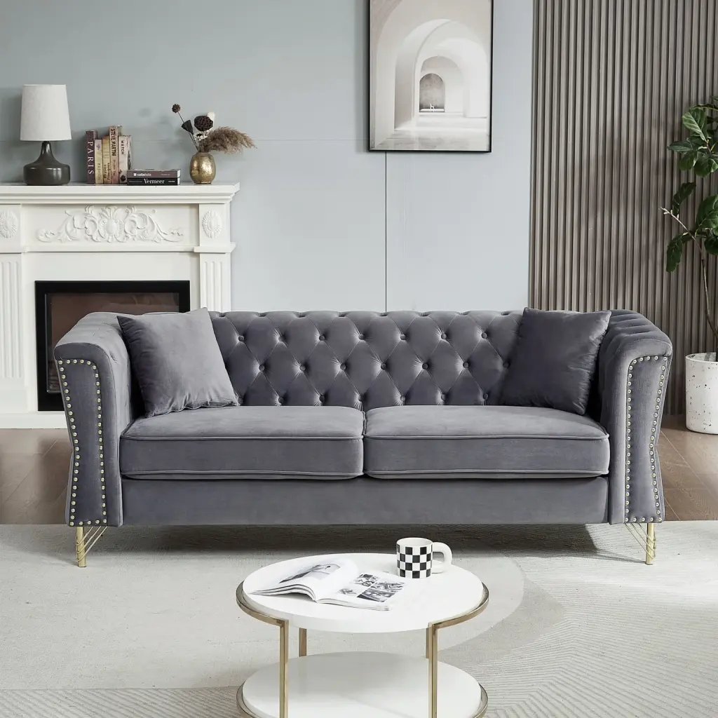 Grey Velvet Chesterfield Sofa Nailhead Trim and Removable Cushions LMing