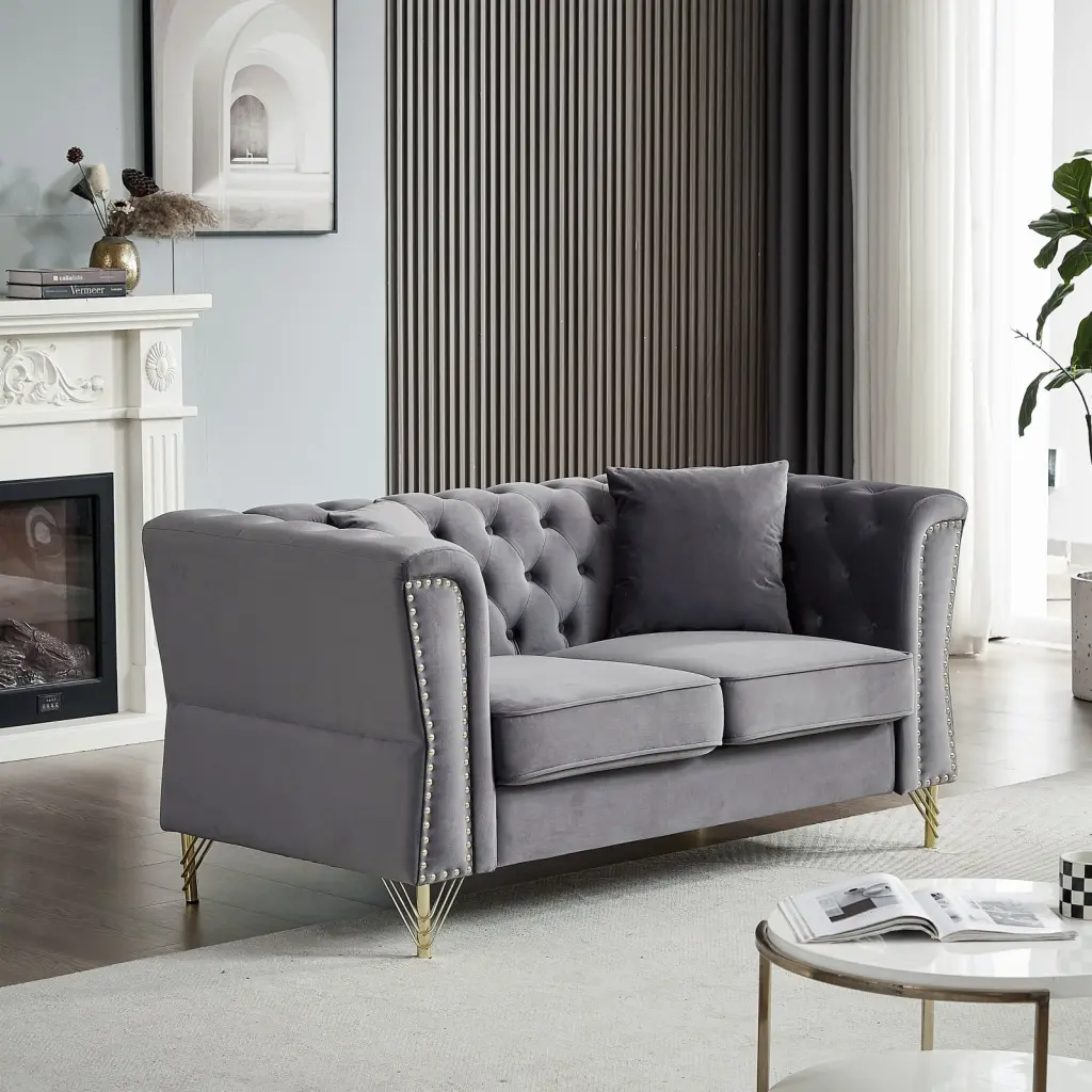 Grey Velvet Two-Seater Chesterfield Sofa Elegant Nailhead Trim Comfortable Foam Filling Sturdy Wood Frame Includes Pillows...