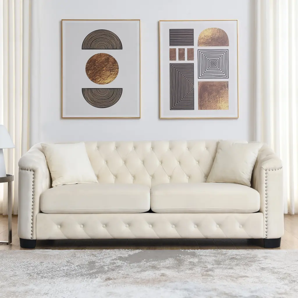 77-Inch Modern Chesterfield Velvet Sofa Tufted Backrests and Nailhead Arms Miekor