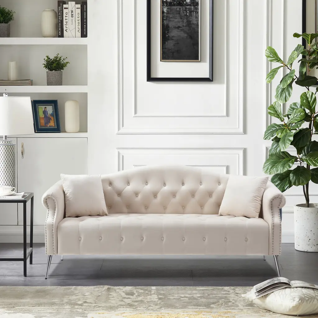 78.7 Classic Chesterfield Velvet Sofa Silver Metal Legs and 2 Pillows Miekor