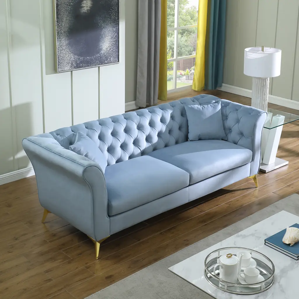 Miekor Furniture Chesterfield Teal Blue Tufted Fabric Sofa - Contemporary Loveseat Scroll Arms